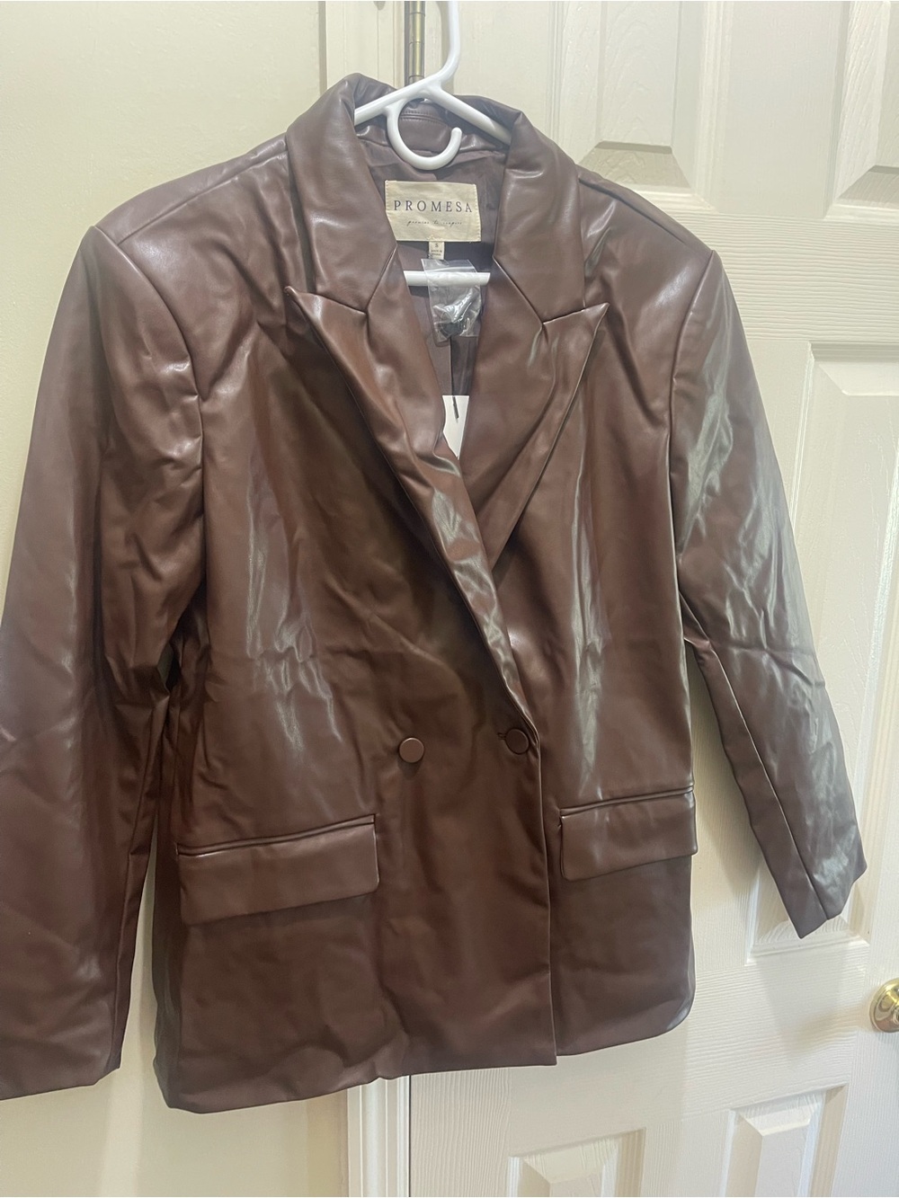 Promesa Brown Faux Leather Double-Breasted Blazer Jacket